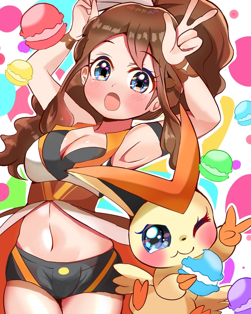 hilda and victini (pokemon and 1 more) drawn by carrot_summer