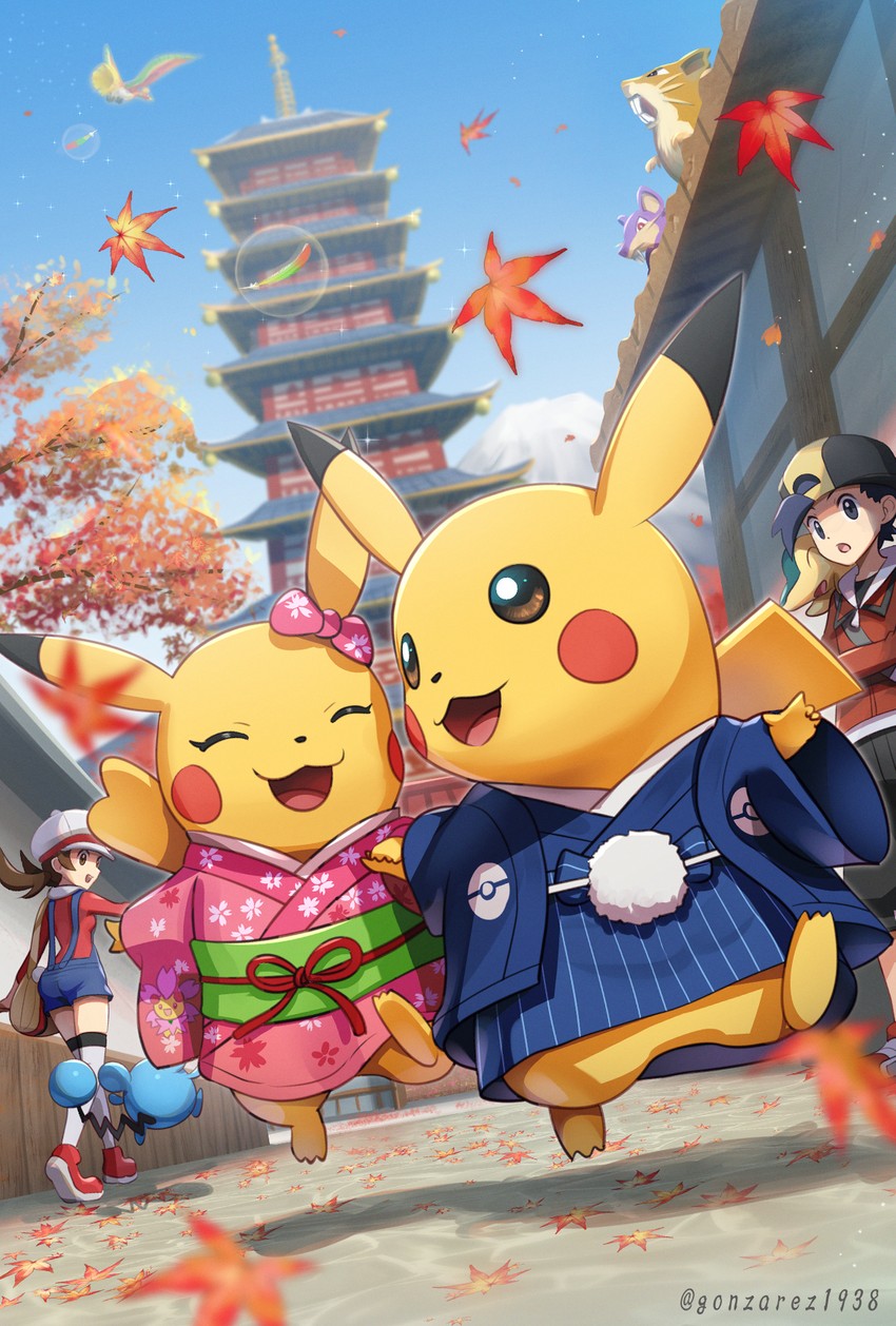 pikachu, ethan, lyra, cyndaquil, marill, and 4 more (pokemon and 1 more) drawn by gonzarez