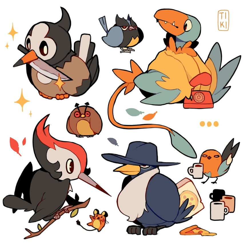 dedenne, starly, fletchling, hoothoot, honchkrow, and 3 more (pokemon) drawn by tiki_(tikivt)