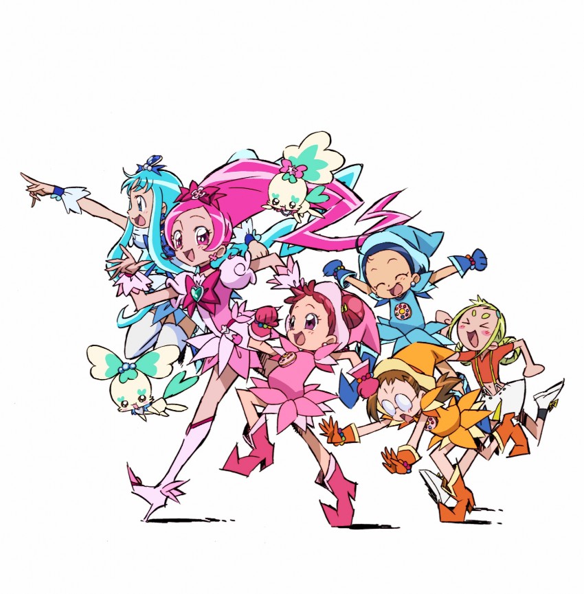 kurumi erika, hanasaki tsubomi, cure marine, cure blossom, harukaze doremi, and 5 more (precure and 3 more) drawn by umakoshi_yoshihiko