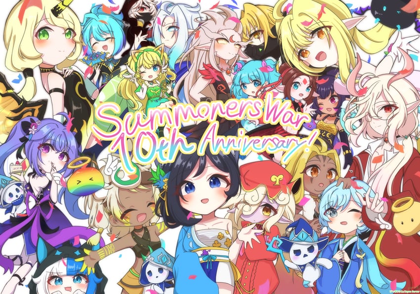 rainbowmon, lulu, han, devilmon, and bellenus (summoners war) drawn by pippoko1113