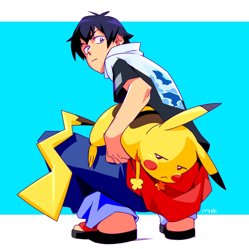 pikachu and gotcha! boy (pokemon and 1 more) drawn by mikkusushi