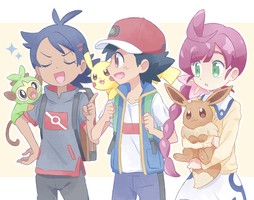 pikachu, ash ketchum, eevee, grookey, goh, and 1 more (pokemon and 1 more) drawn by akasaka_(qv92612)