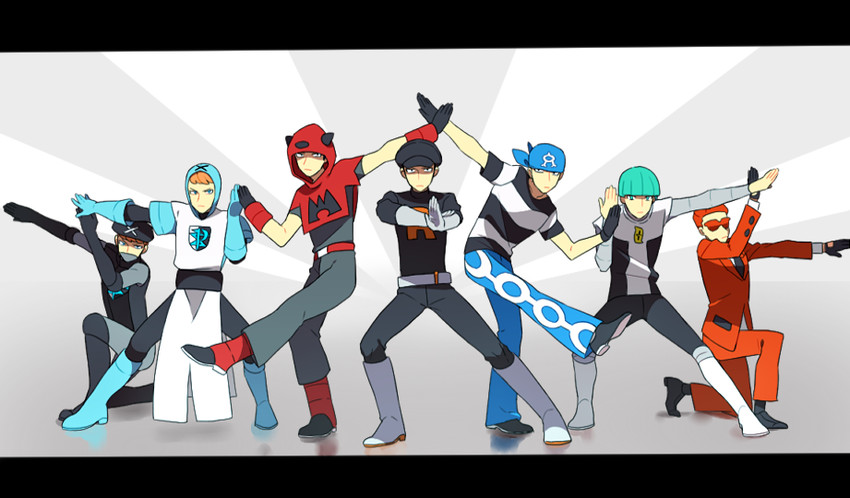 team rocket grunt, team plasma grunt, team magma grunt, team aqua grunt, team galactic grunt, and 1 more (pokemon and 5 more) drawn by li_sakura