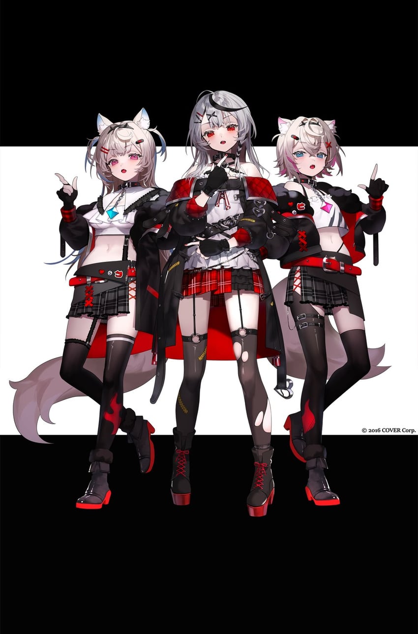 sakamata chloe, fuwawa abyssgard, and mococo abyssgard (hololive and 1 more) drawn by karo_(karohroka)