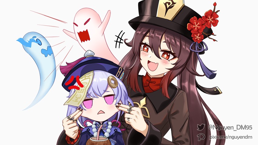 hu tao, boo tao, and qiqi (genshin impact) drawn by dm_(nguyen_dm95)