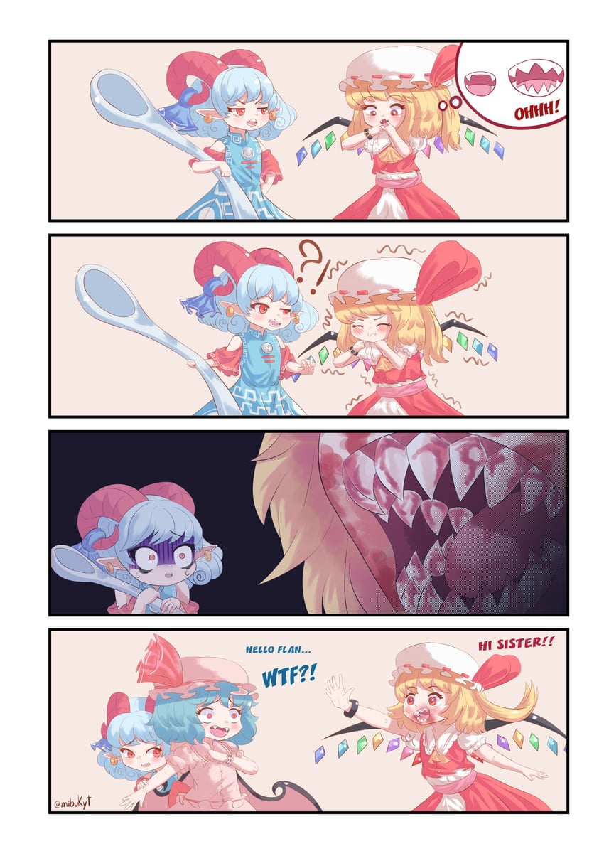 remilia scarlet, flandre scarlet, and toutetsu yuuma (touhou) drawn by mibukyt