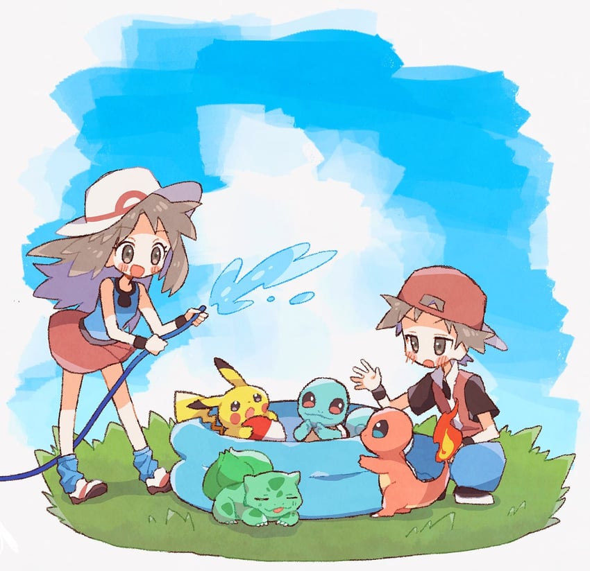 pikachu, red, leaf, bulbasaur, squirtle, and 1 more (pokemon and 1 more) drawn by mgomurainu