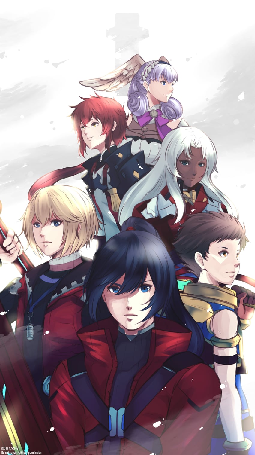 rex, melia antiqua, shulk, noah, lora, and 1 more (xenoblade chronicles and 6 more) drawn by sean_sorey