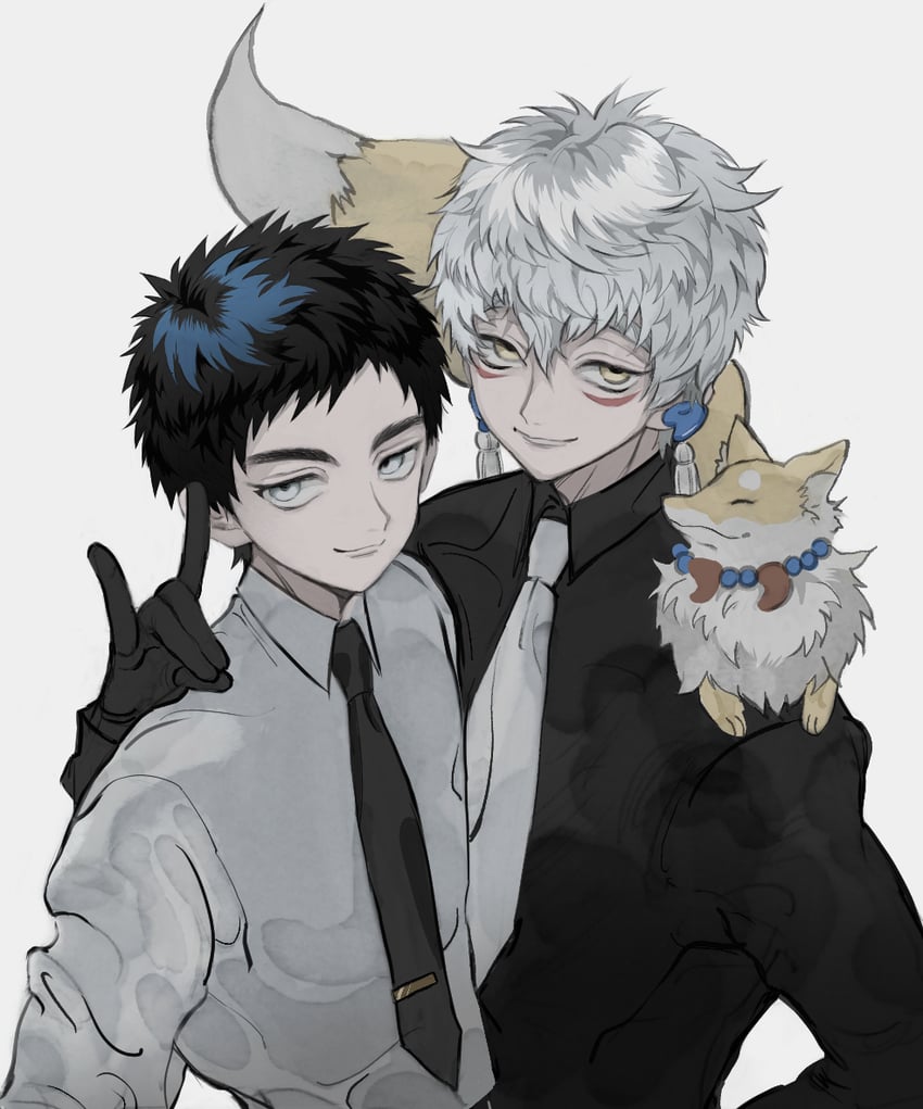 atsushi toushirou, nakigitsune, and nakigitsune's fox (touken ranbu) drawn by kyuu_(high)