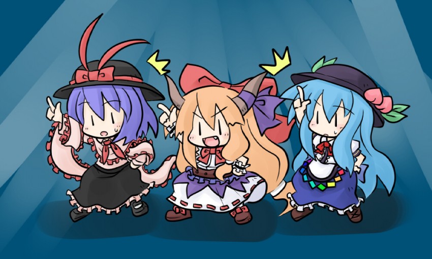 hinanawi tenshi, ibuki suika, and nagae iku (touhou and 1 more) drawn by yanagi_(nurikoboshi)