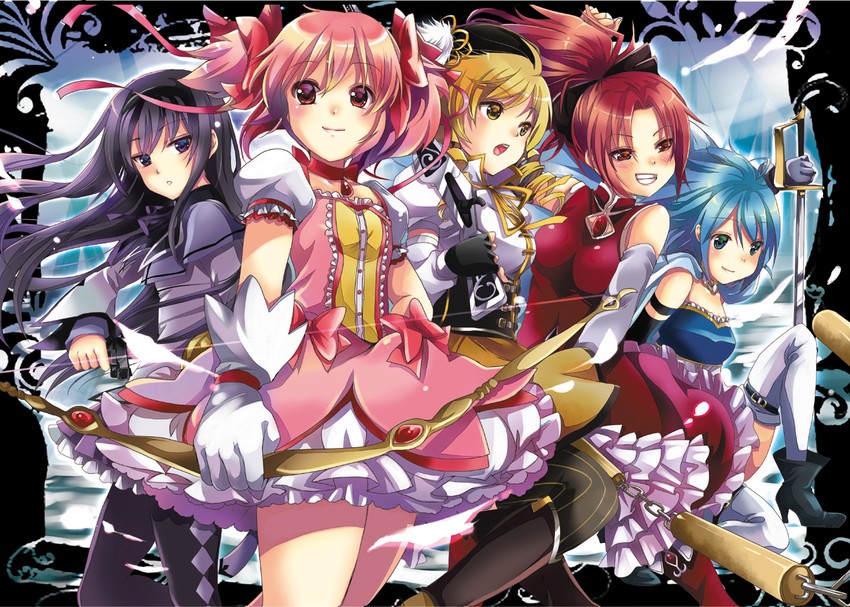 akemi homura, kaname madoka, miki sayaka, sakura kyoko, and tomoe mami (mahou shoujo madoka magica) drawn by gouda_nagi