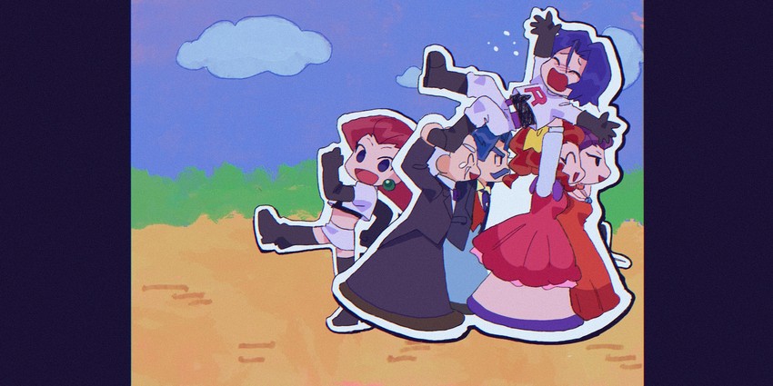 jessie, james, meowth, wobbuffet, jessebelle, and 3 more (pokemon and 1 more) drawn by ameya_(okemu_ame)