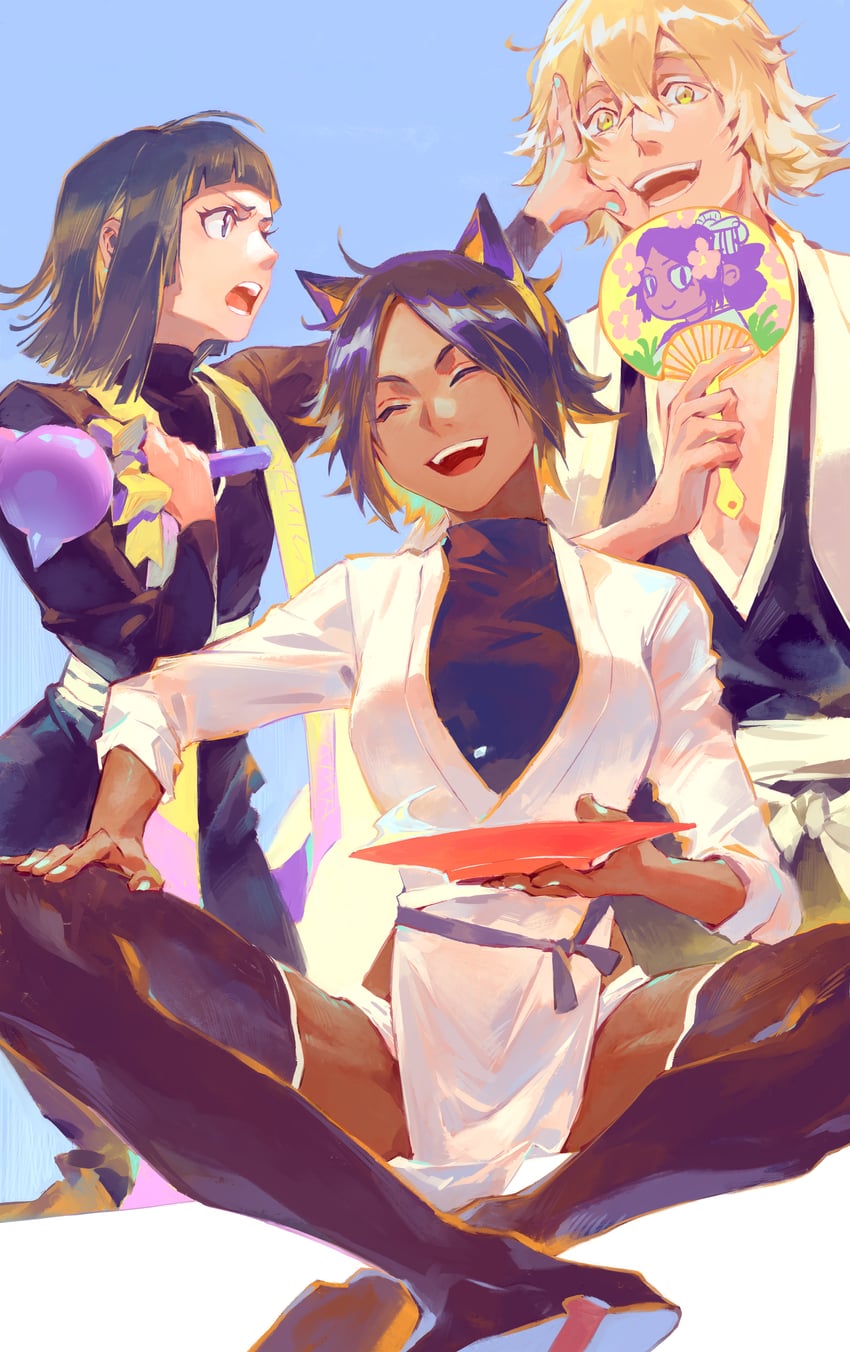 shihouin yoruichi, sui-feng, and urahara kisuke (bleach and 1 more) drawn by kuzen