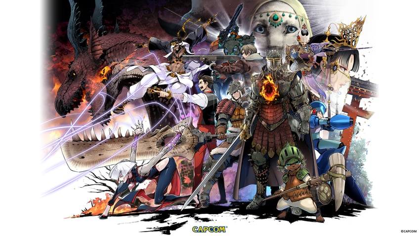 monster hunter, x, leon s. kennedy, apollo justice, player palico, and 7 more (street fighter and 14 more) drawn by fuse_ryuuta