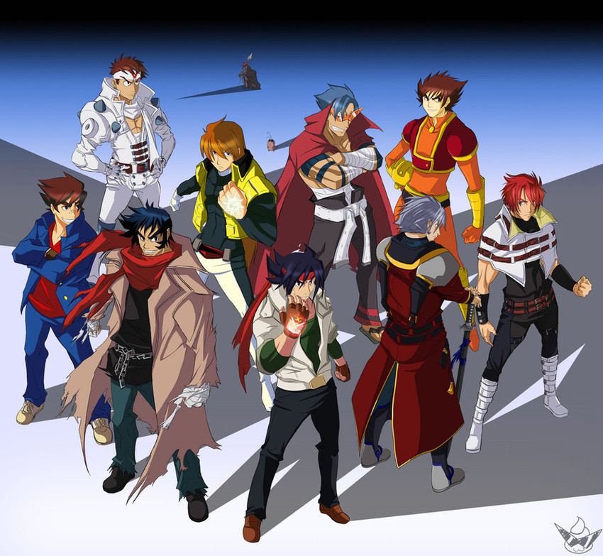 kamina, domon kasshu, nagare ryoma, gaogaigar, and shishiou gai (gundam and 6 more) drawn by chuunioniika