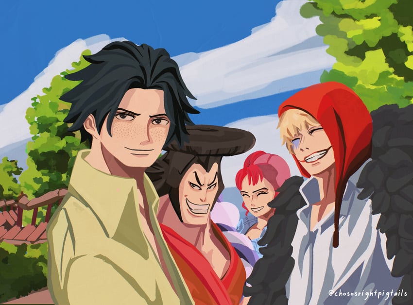 portgas d. ace, donquixote rocinante, kouzuki oden, and bellemere (one piece) drawn by chosospigtails