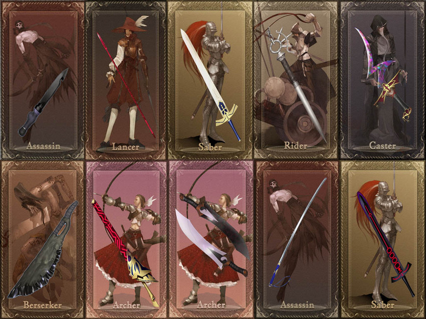 saber class, archer class, lancer class, rider class, assassin class, and 2 more (fate and 1 more) drawn by aikura_chihiro, koyama_hirokazu, and takeuchi_takashi