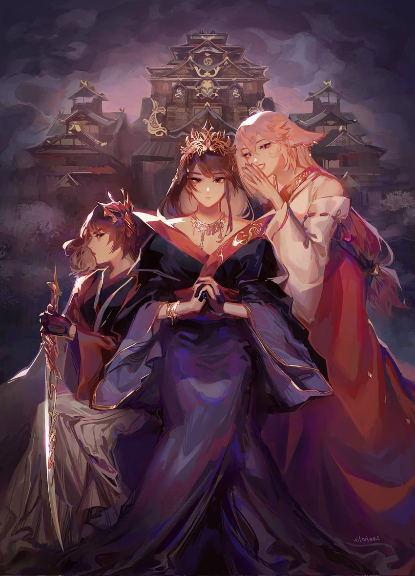 raiden shogun, yae miko, and kujou sara (genshin impact) drawn by elodeas