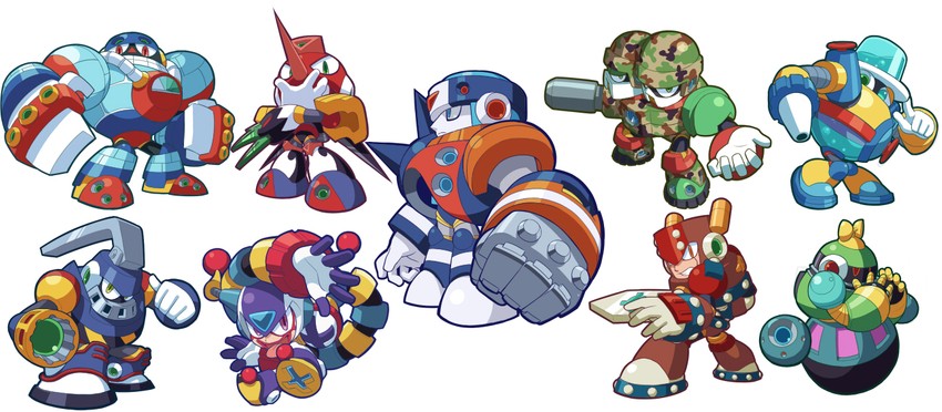duo, tengu man, clown man, astro man, frost man, and 4 more (mega man and 2 more) drawn by kin_niku