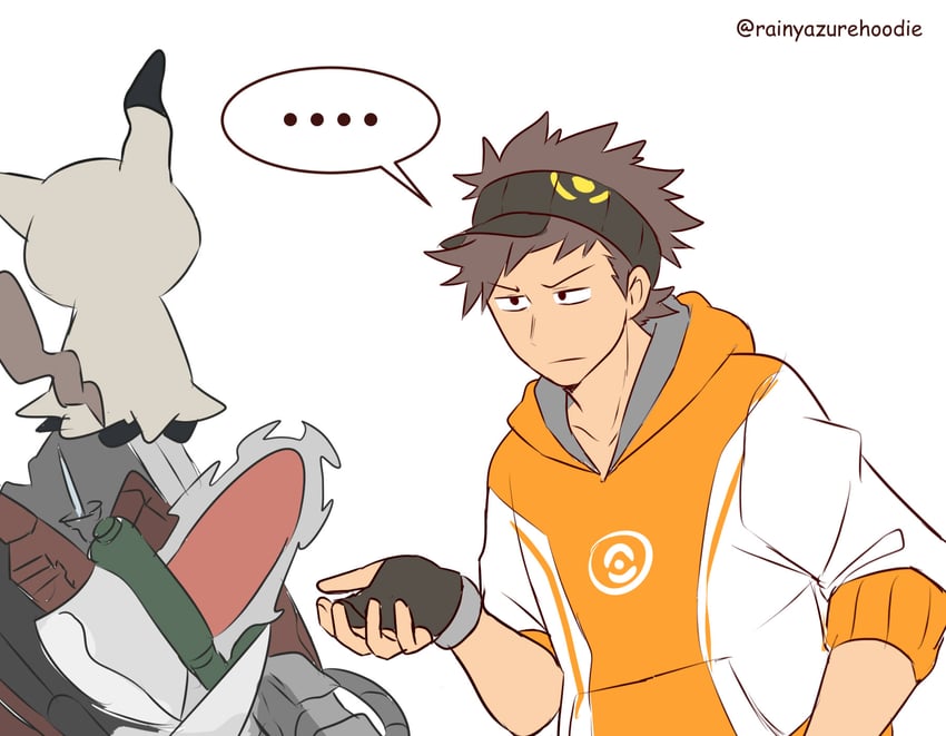 mimikyu and male protagonist (pokemon and 1 more) drawn by rainyazurehoodie
