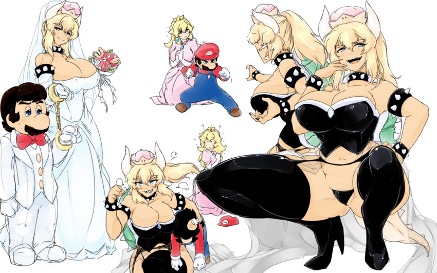 princess peach, mario, and bowsette (mario and 1 more) drawn by dandara_(karakure)