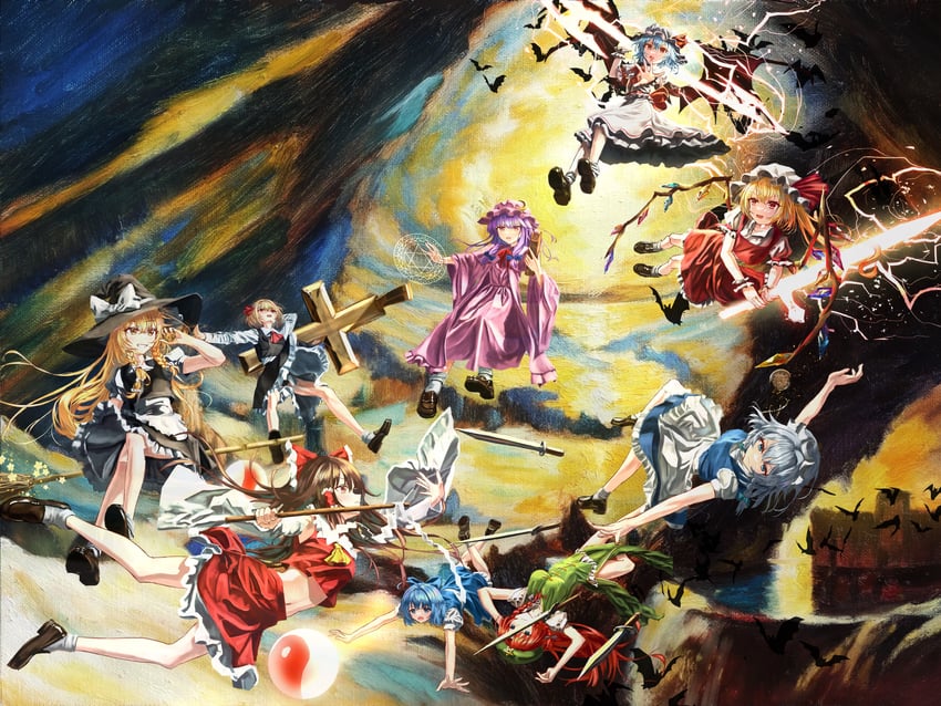 hakurei reimu, kirisame marisa, remilia scarlet, flandre scarlet, izayoi sakuya, and 2 more (touhou and 1 more) drawn by ibushi_roun