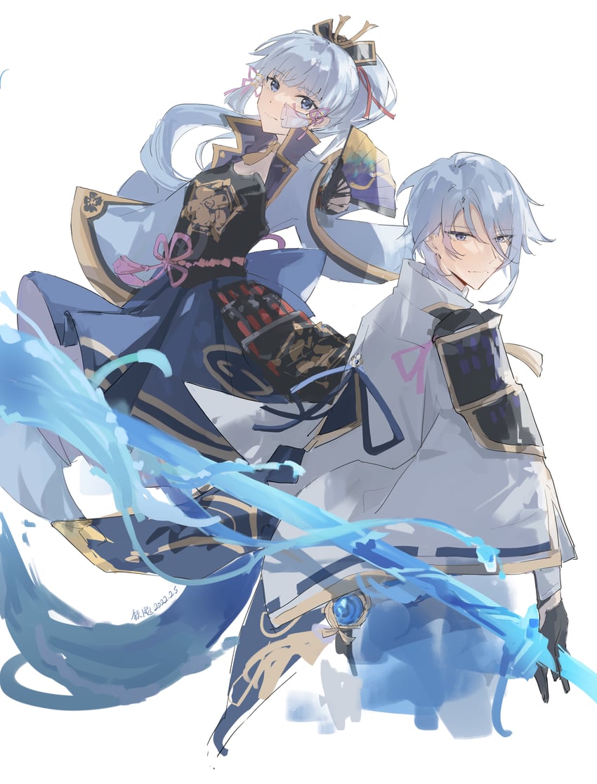 kamisato ayaka and kamisato ayato (genshin impact) drawn by qin_yang