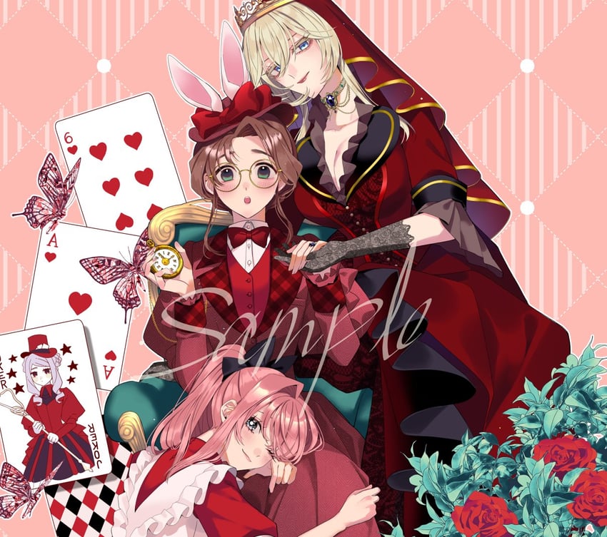 alice, white rabbit, queen of hearts, natori midori, lapis tenebrae, and 2 more (alice's adventures in wonderland and 1 more) drawn by shinonome_neko-tarou