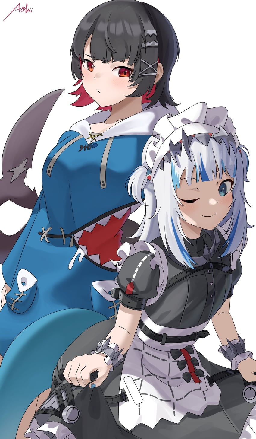 gawr gura and ellen joe (hololive and 2 more) drawn by aokii