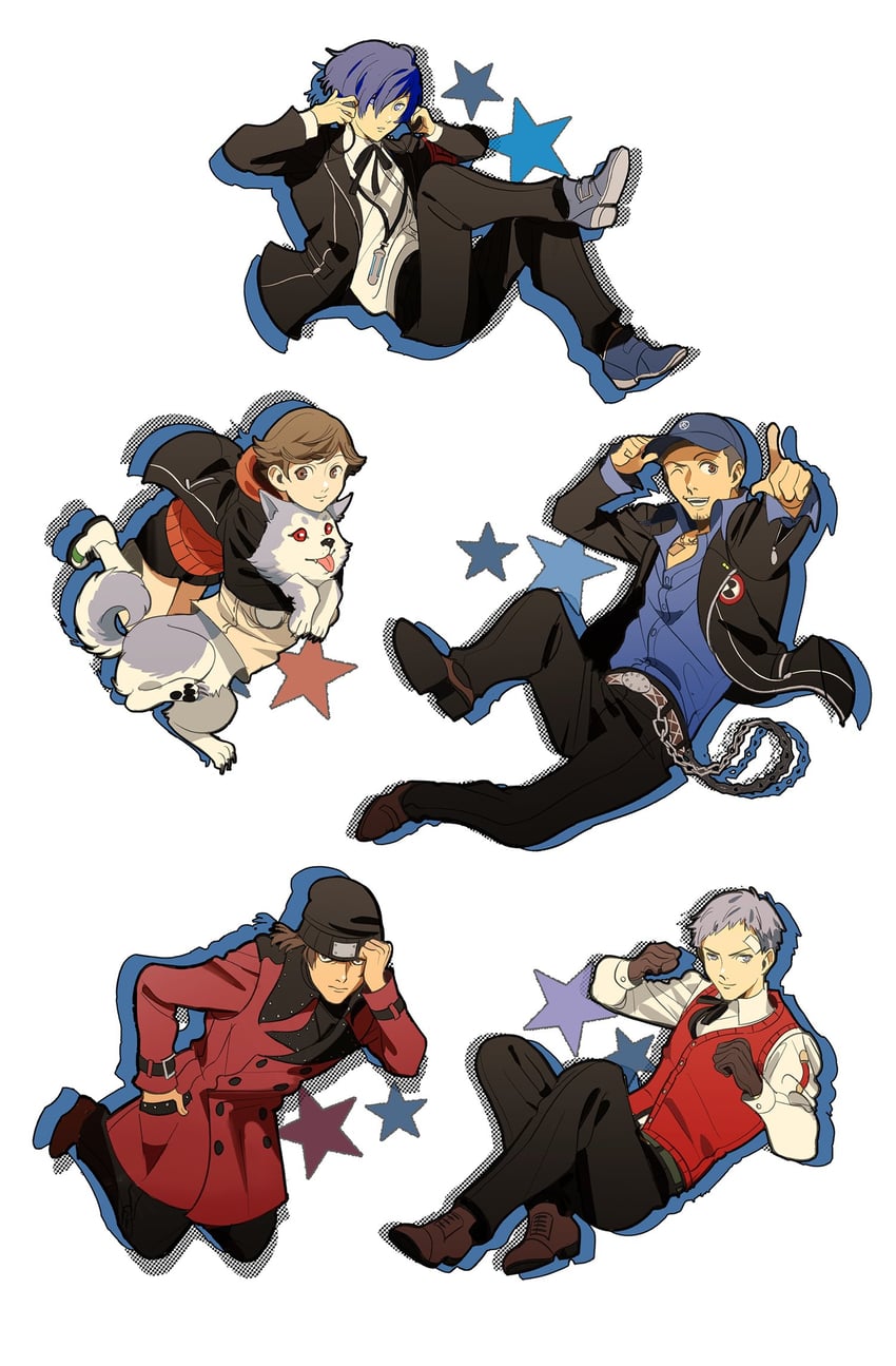 yuuki makoto, sanada akihiko, aragaki shinjirou, iori junpei, amada ken, and 1 more (persona and 1 more) drawn by shy_(ribboneels)