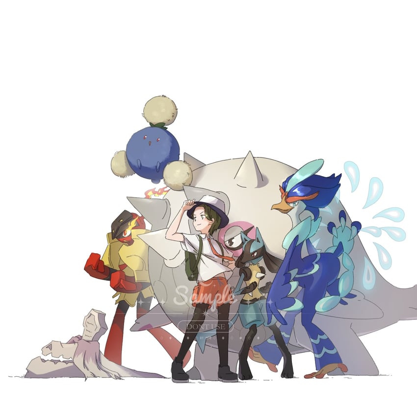 lucario, jumpluff, quaquaval, armarouge, cetitan, and 1 more (pokemon and 1 more) drawn by robinlovesop