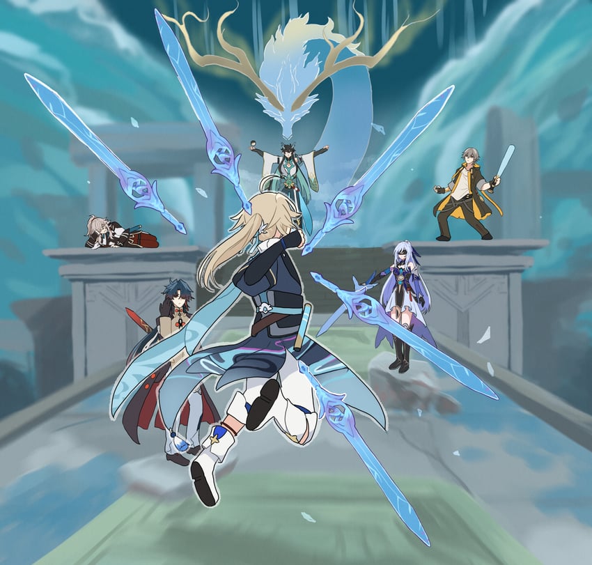trailblazer, caelus, dan heng, blade, jingliu, and 2 more (honkai and 1 more) drawn by susukinohara320