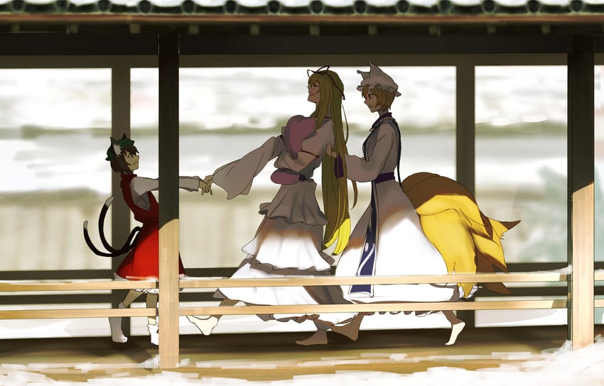 yakumo yukari, yakumo ran, and chen (touhou) drawn by jiienu