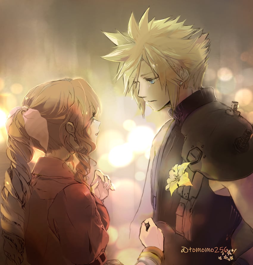 cloud strife and aerith gainsborough (final fantasy and 2 more) drawn by tomo_(552252)