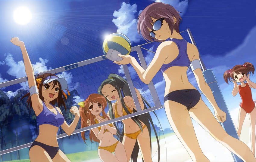 suzumiya haruhi, nagato yuki, asahina mikuru, tsuruya, and kyon's sister (suzumiya haruhi no yuuutsu) drawn by ikeda_shouko