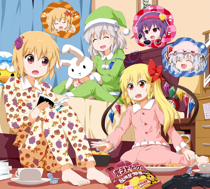 remilia scarlet, flandre scarlet, komeiji koishi, komeiji satori, aki minoriko, and 1 more (touhou) drawn by ruu_(tksymkw)