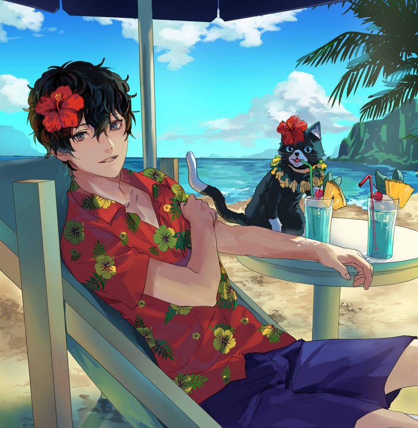 amamiya ren and morgana (persona and 1 more) drawn by hanimo0404
