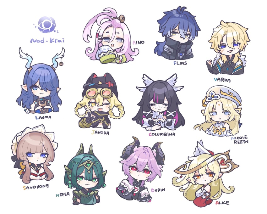 columbina, mini durin, sandrone, alice, flins, and 6 more (genshin impact) drawn by fukadanana