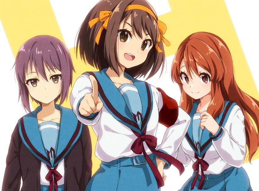 suzumiya haruhi, nagato yuki, and asahina mikuru (suzumiya haruhi no yuuutsu) drawn by nyanmaru_(ememing)