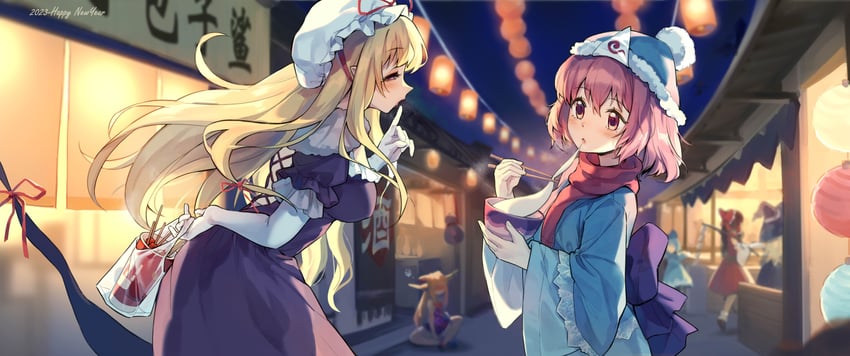 hakurei reimu, kirisame marisa, cirno, yakumo yukari, saigyouji yuyuko, and 1 more (touhou) drawn by baozishark