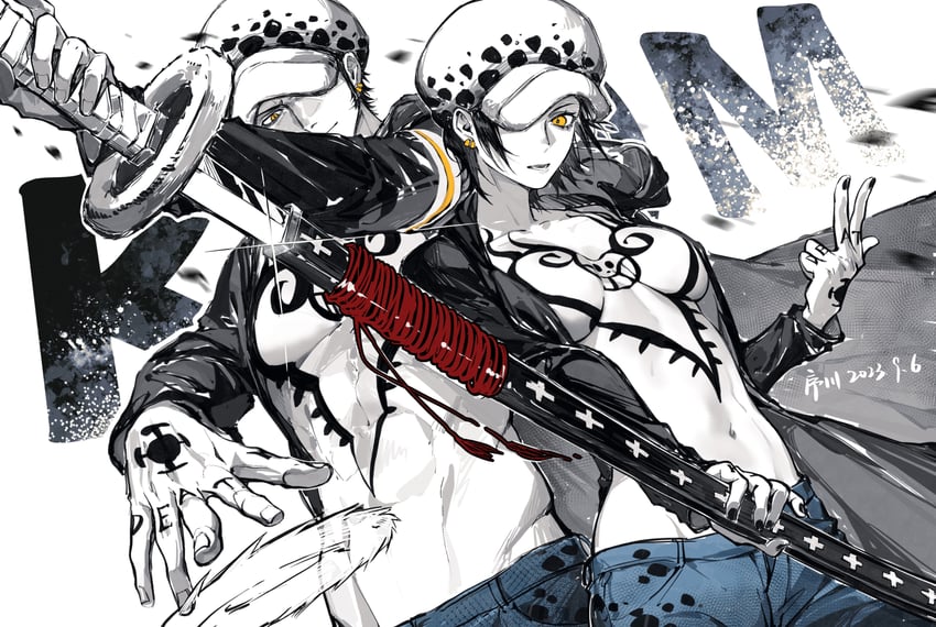 trafalgar law and law-chan (one piece) drawn by xuchuan