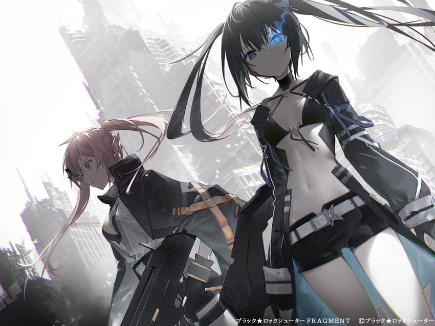 black rock shooter, elishka, and yuzuki (black rock shooter and 1 more) drawn by kawaguchi_(mojacome)