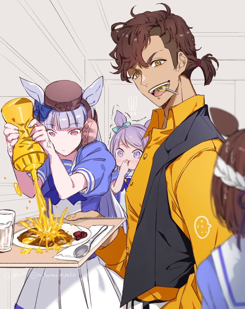 trainer, gold ship, mejiro mcqueen, special week, and team spica's trainer (umamusume) drawn by mitsunari_miyako