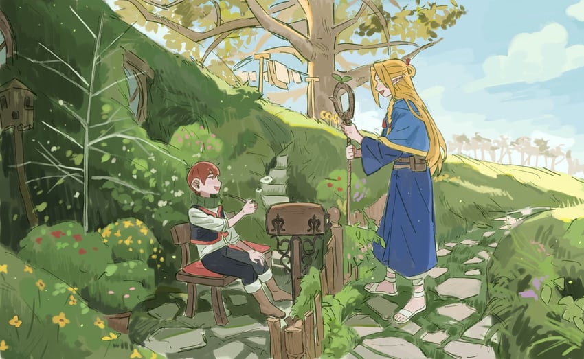 marcille donato and chilchuck tims (dungeon meshi and 2 more) drawn by ashuiashui119