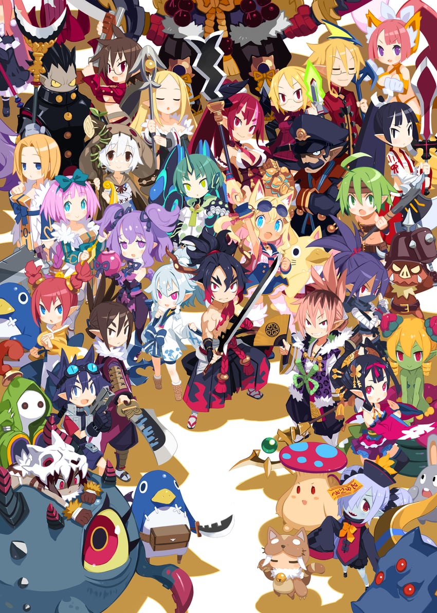 prinny, mage, nekomata, healer, female warrior, and 35 more (disgaea and 1 more) drawn by harada_takehito
