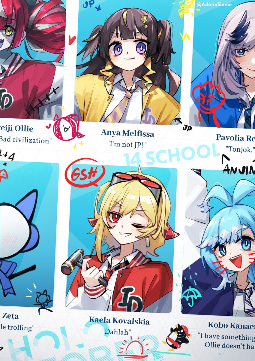 kureiji ollie, pavolia reine, kaela kovalskia, kobo kanaeru, anya melfissa, and 3 more (hololive and 1 more) drawn by adarin