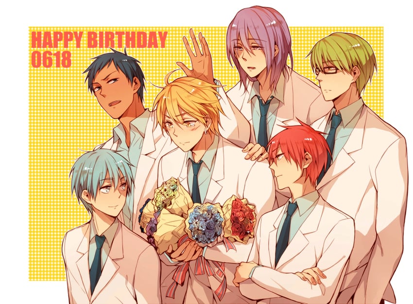 kuroko tetsuya, aomine daiki, kise ryouta, akashi seijuurou, midorima shintarou, and 1 more (kuroko no basuke) drawn by sleepy69