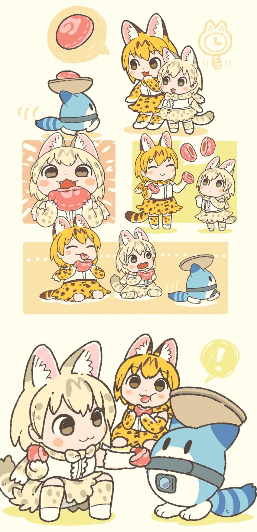 serval, lucky beast, and white serval (kemono friends and 1 more) drawn by kuro_shiro_(kuro96siro46)
