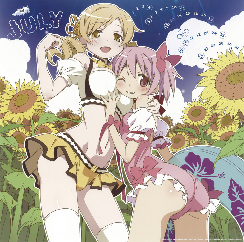 kaname madoka, tomoe mami, and kyubey (mahou shoujo madoka magica) drawn by watanabe_akio